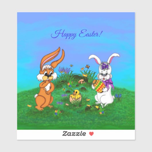 Sticker Bonne Pâques ! Lapin avec lapin et poussin (Feuille)