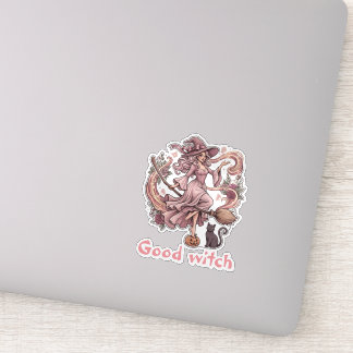 Sticker Bonne Sorcière Vintage Rose Halloween Magie & Chat