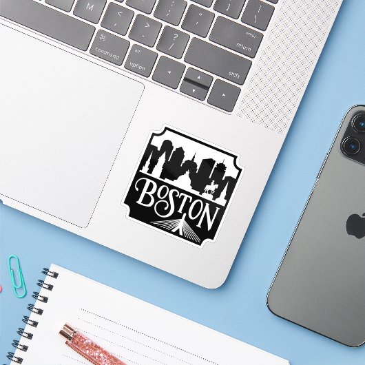 Sticker Boston Skyline (Ordinateur portable avec iPhone)