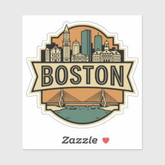 Sticker Boston Skyline Zakim Bridge Retro Travel Badge