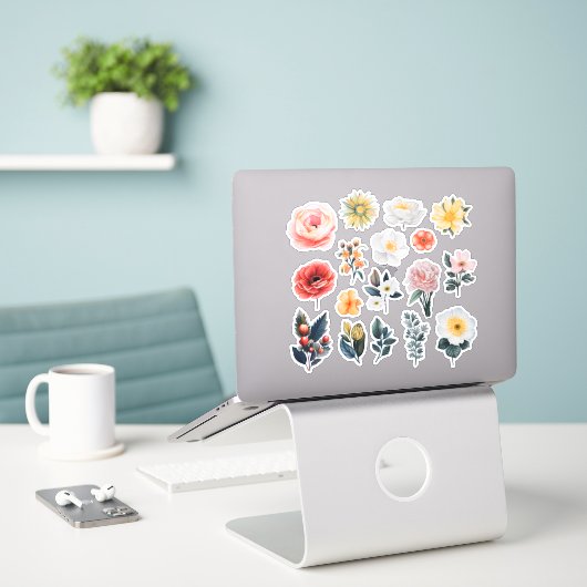 Sticker Boutique à fleurs d'aquarelle (Ordinateur portable sur le bureau)
