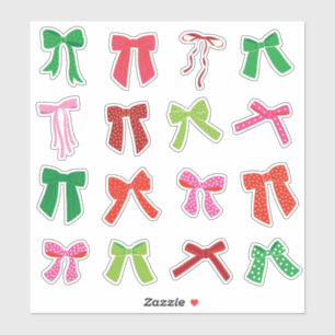 Sticker Bows de Noël Rouge Vert rose sur blanc