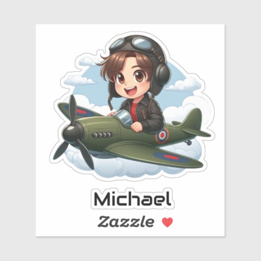 Sticker  Boy Flying Airplane Clouds Fun Kids Personalized (Feuille)