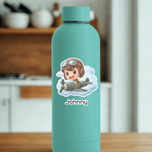 Sticker  Boy Flying Airplane Clouds Fun Kids Personalized