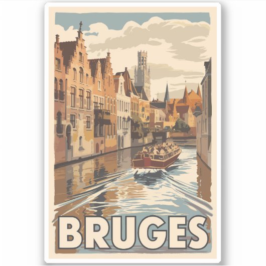 Sticker Bruges Belgique Illustration Voyage Art Vintage (Devant)