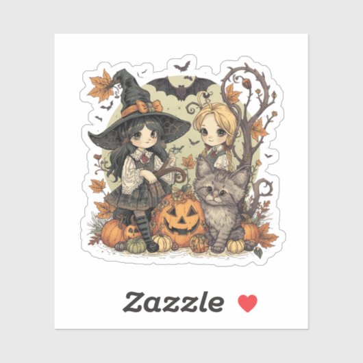 Sticker Bruxinhas Kawaii com Gatinho e Abóboras  (Feuille)