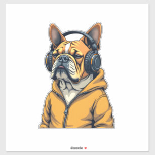 Sticker Bulldog Vintage avec écouteurs portant un sweat à