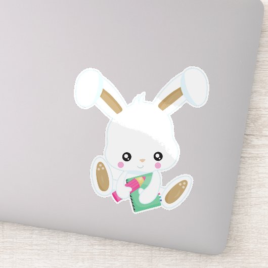 Sticker Bunny Va À L'École, Mignonne Lapin, Livres, Crayon (Détail)