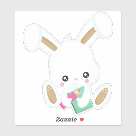 Sticker Bunny Va À L'École, Mignonne Lapin, Livres, Crayon (Feuille)