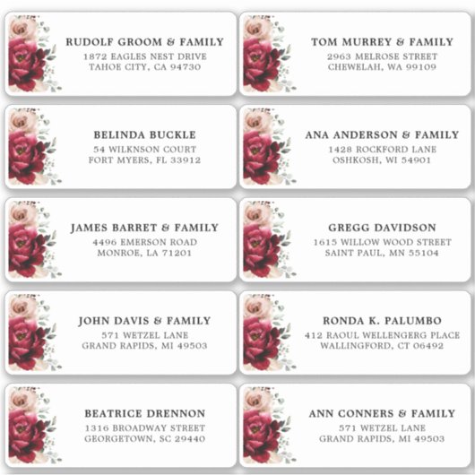 Sticker Burgundy Ivory Blush Floral Mariage Adresse d'hôte (Devant)