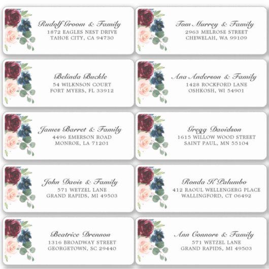 Sticker Burgundy Navy Blush Floral Mariage Adresse d'invit (Devant)