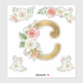Sticker C Monogram Faux Gold Blush Rose Floral Aquarelle (Feuille)