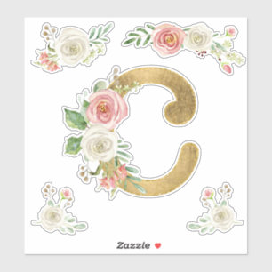 Sticker C Monogram Faux Gold Blush Rose Floral Aquarelle