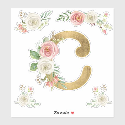 Sticker C Monogram Faux Gold Blush Rose Floral Aquarelle (Feuille)