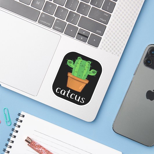Sticker CACTUS - CATCUS Drôle Chat (Ordinateur portable avec iPhone)