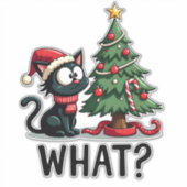 Sticker Cadeau drôle de chat noir poussant l'arbre de Noël (Devant)