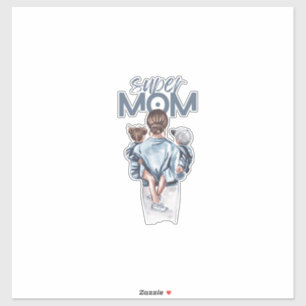 Sticker Cadeau personnalisé de Super Maman avec fils et fi