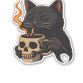 Sticker Café En Chat Foncé Avec Mug Crâne Surdimensionné T (Devant)