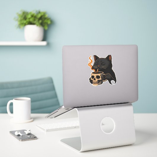 Sticker Café En Chat Foncé Avec Mug Crâne Surdimensionné T (Ordinateur portable sur le bureau)