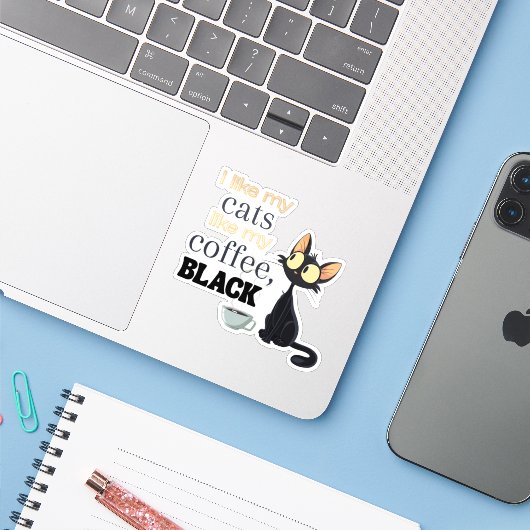 Sticker Café et chat noir (Ordinateur portable avec iPhone)