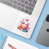 Sticker Café et Coeurs Whimsical Rose Cute (Ordinateur portable avec iPhone)