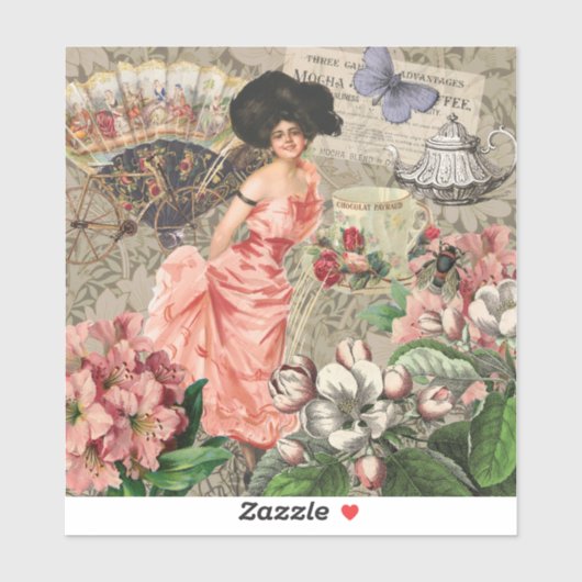 Sticker Café Lady Victorian Femme Rose Classy (Feuille)