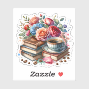 Sticker Café vintage, livres et fleurs