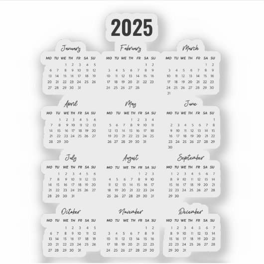 Sticker Calendrier Black 2025 moderne Vue année complète (Devant)