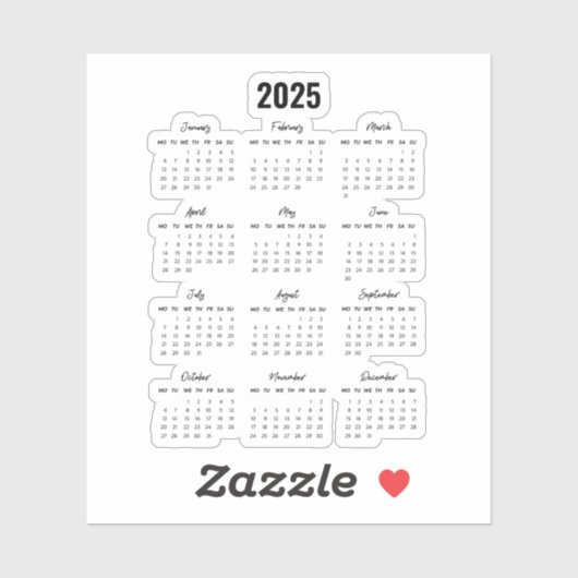 Sticker Calendrier Black 2025 moderne Vue année complète (Feuille)