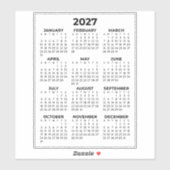 Sticker Calendrier Mini Simple Année Complète 2027 (Feuille)