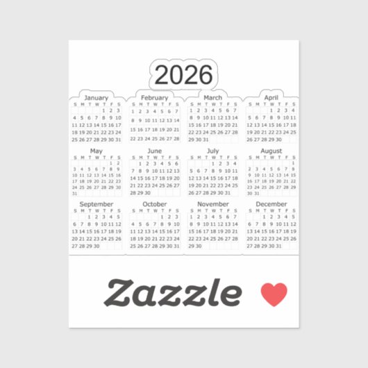 Sticker Calendrier minimaliste simple 2026 (Feuille)