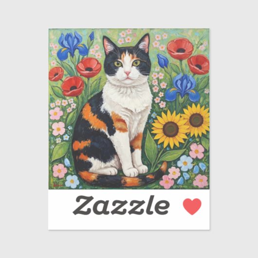 Sticker Calico Cat and Folk Art Sunflowers (Feuille)