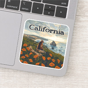 Sticker Californie Bear Poppies Fleurs Côte Retro