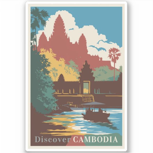 Sticker Cambodge Temple Illustration Voyage Art Vintage (Devant)