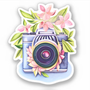 Sticker Caméra vintage, Fleurs Roses, Foliage Vert