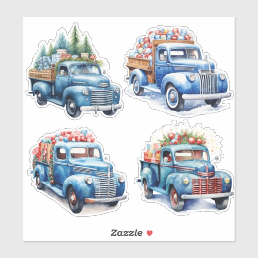Sticker Camions Vintages bleus de Noël (Feuille)