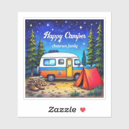 Sticker Camper Camping Blue Green Aquarelle (Feuille)