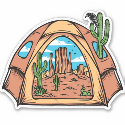 Sticker Camping sous tente dans le désert Cactus Faune (Devant)