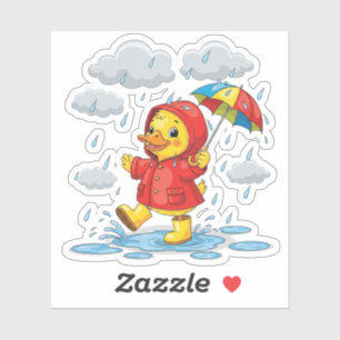 Sticker Caneton de dessin animé jouant sous la pluie avec 