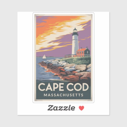 Sticker Cape Cod Massachusetts Illustration Art de Voyage (Feuille)