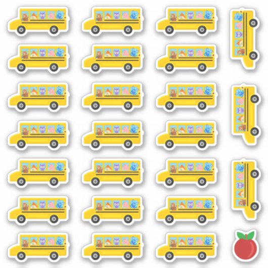 Sticker Caricature de bus scolaire Animaux 24 Bus + Pomme (Devant)