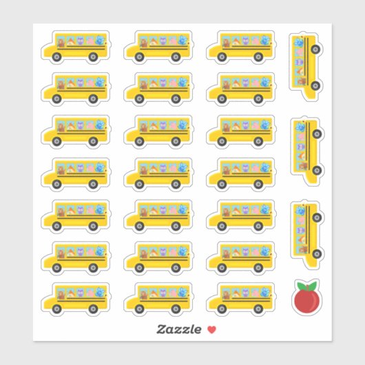 Sticker Caricature de bus scolaire Animaux 24 Bus + Pomme (Feuille)