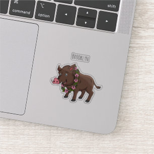 Sticker Caricature mignonne sanglier et fleurs