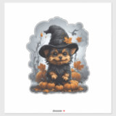 Sticker Caricature pour chiot du Yorkshire avec citrouille (Feuille)