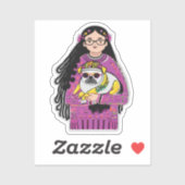 Sticker Carlin adorable et une fille avec cheveux longs (Feuille)