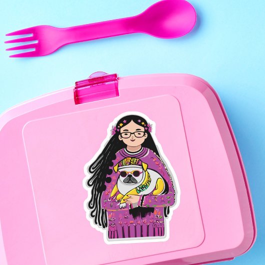 Sticker Carlin adorable et une fille avec cheveux longs