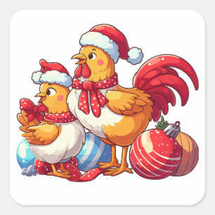 Sticker Carré С de Noël poulets, poulets de Noël de la ferme de 