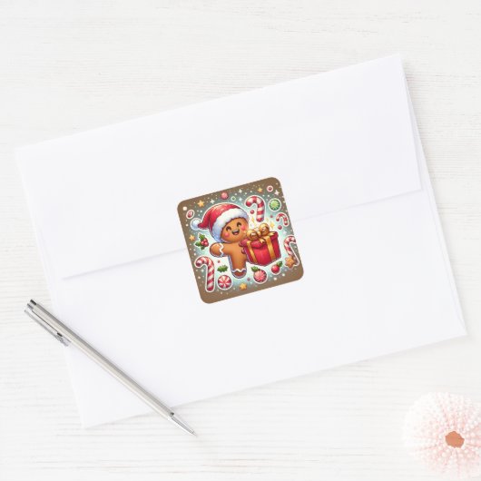 STICKER CARRÉ クリスマスプレゼントとジンジャーブレッドマン (Enveloppe)