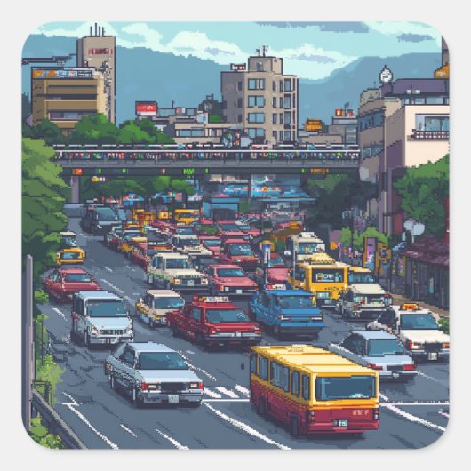 STICKER CARRÉ ピクセルアート 東京の渋滞のステッカー (Devant)