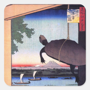Sticker Carré 亀 と 富 山, 広 重 Tortue et Mont Fuji, Hiroshige, Ukiyo